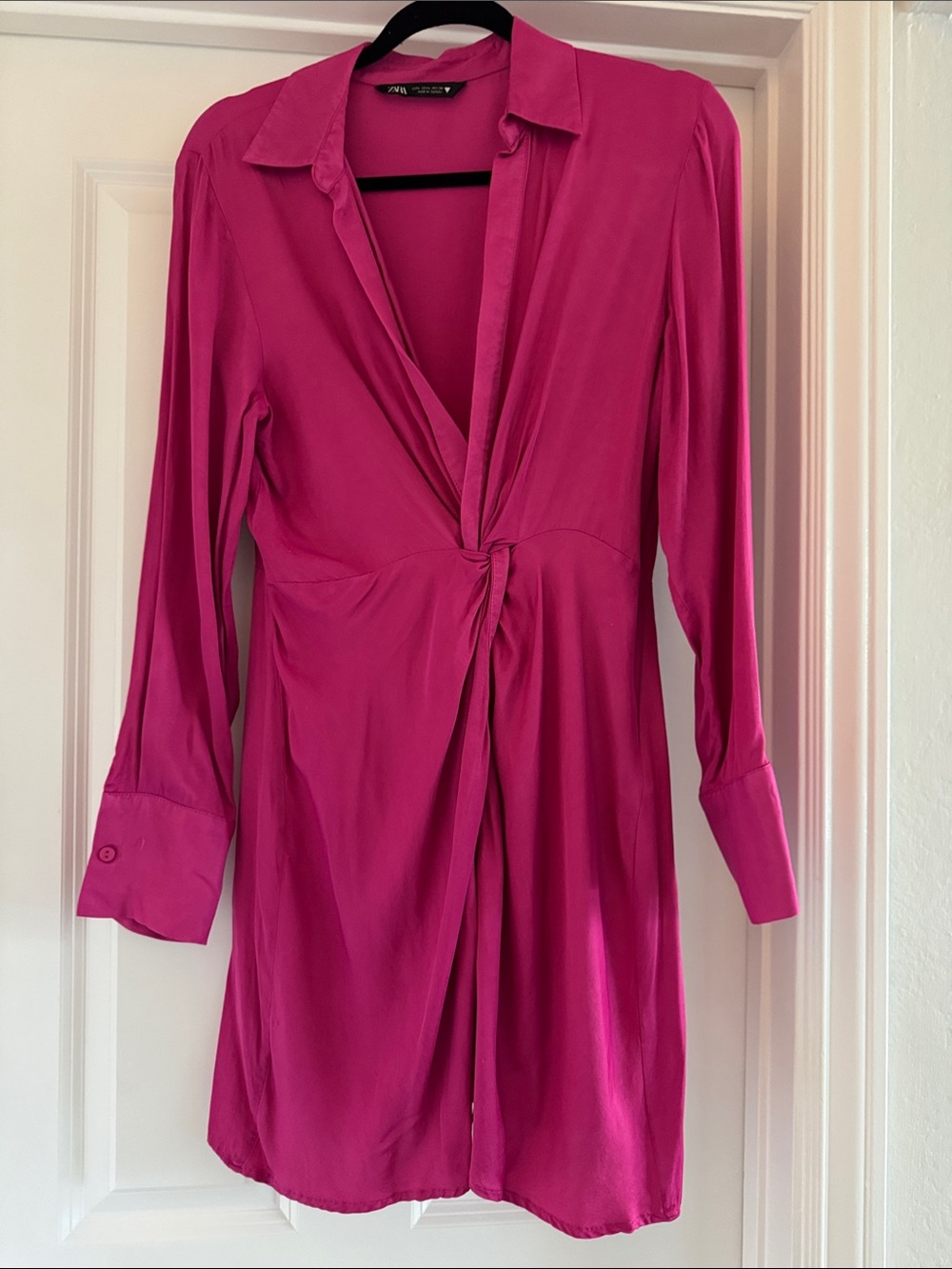 Zara Magenta Twist-Front Long Sleeve Shirt Dress